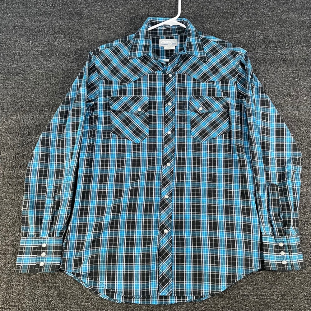 Wrangler Wrancher Shirt Mens Medium Blue Black Plaid Good Western Pearl Snap